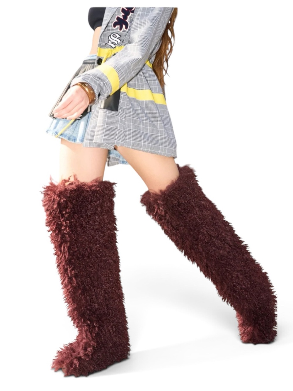 🔥🔥AZALEA WANG TEMPLETON BURGUNDY FAUX POODLE FUR OVER THE KNEE BOOT SIZE 10